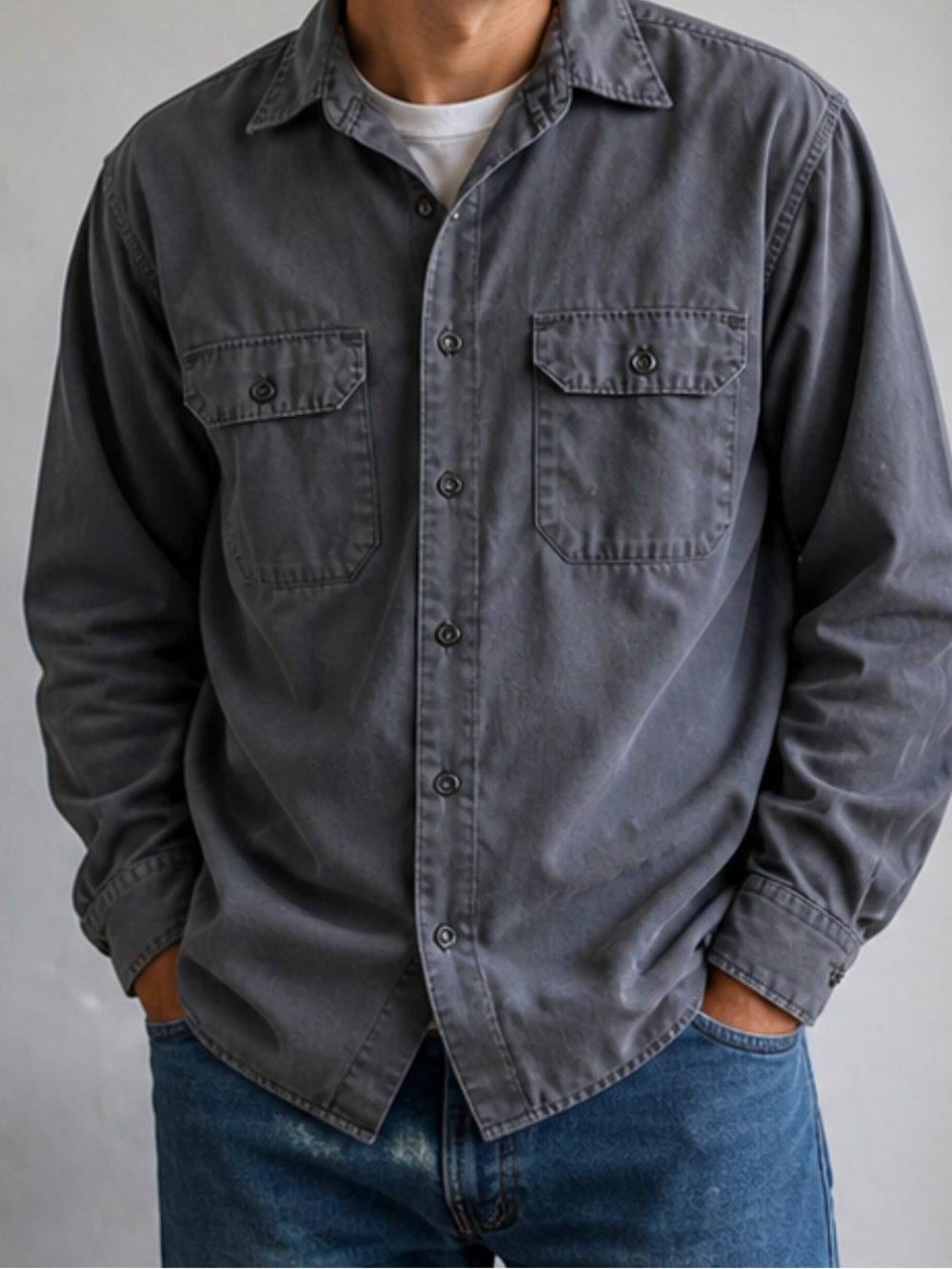 Vintage Big Mac Work Shirt Gray Button Long Sleeve Utility Workwear USA Style M